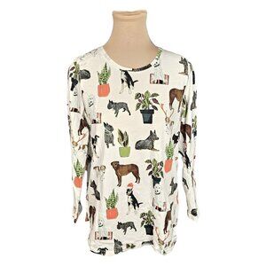 Foil Puppy Plant Pattern White Long Sleeve T-Shirt Sz M